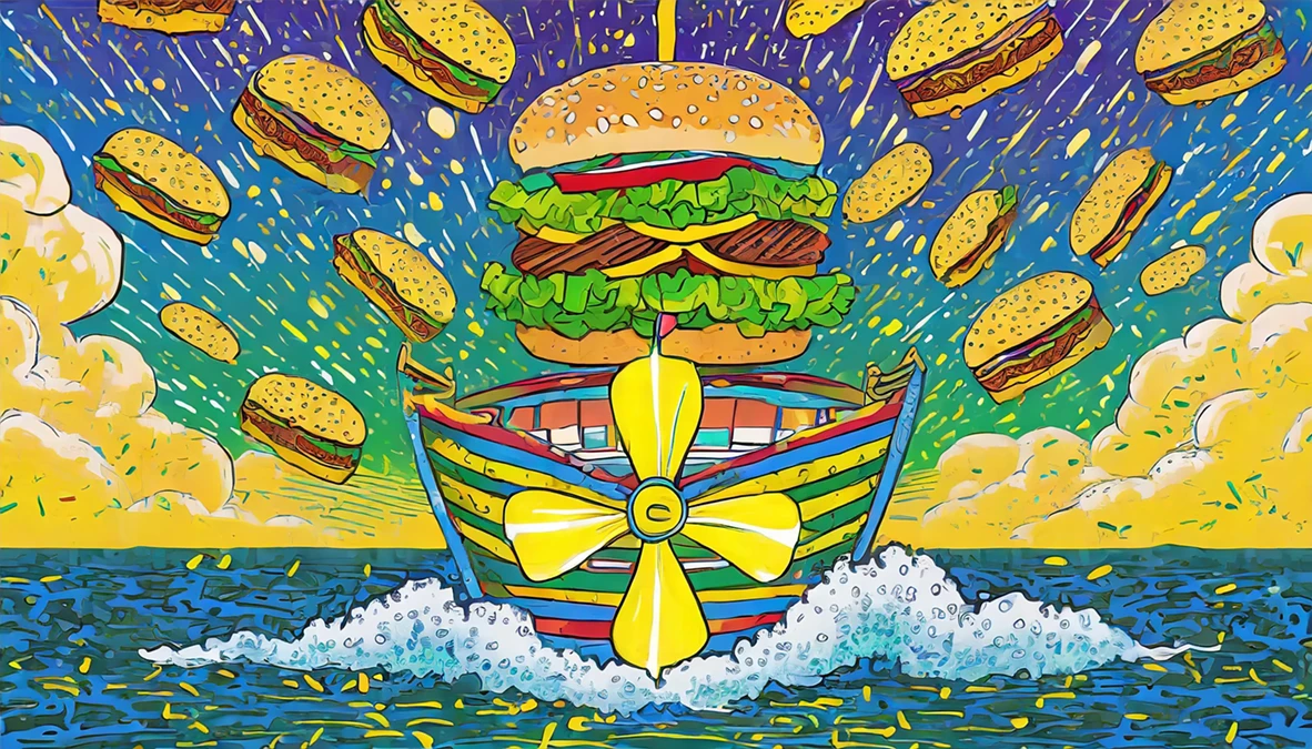 firefly_boat_with_yellow_propellor_and_burgers_raining_from_sky_28543.webp